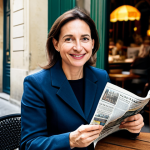 A professional female interpreter, approximately 30-40 years old, in modest business casual attire, fully clothed, appropriate attire. She is sitting at a small table outside a charming Parisian café, holding a local French newspaper, with a subtle smile of understanding. The background shows blurred historic buildings and bustling street life, capturing the essence of cultural immersion. The scene is illuminated by soft, natural daylight. professional photography, high-resolution, sharp focus, perfect anatomy, correct proportions, natural pose, well-formed hands, proper finger count, natural body proportions, safe for work, appropriate content, family-friendly.