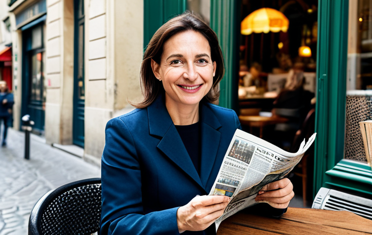 A professional female interpreter, approximately 30-40 years old, in modest business casual attire, fully clothed, appropriate attire. She is sitting at a small table outside a charming Parisian café, holding a local French newspaper, with a subtle smile of understanding. The background shows blurred historic buildings and bustling street life, capturing the essence of cultural immersion. The scene is illuminated by soft, natural daylight. professional photography, high-resolution, sharp focus, perfect anatomy, correct proportions, natural pose, well-formed hands, proper finger count, natural body proportions, safe for work, appropriate content, family-friendly.
