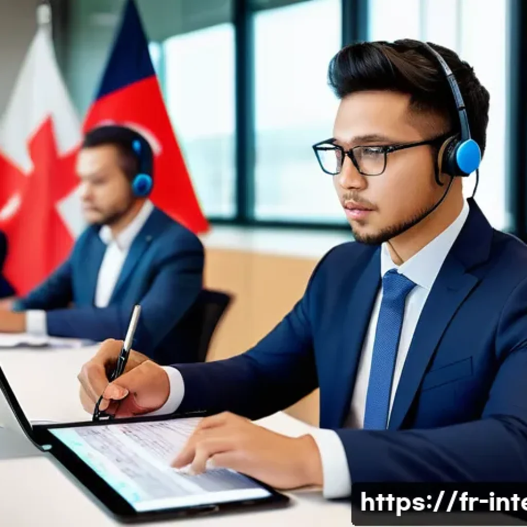 통역사 실무 지침 - A professional interpreter in a modern conference room setting, wearing smart business attire and di...