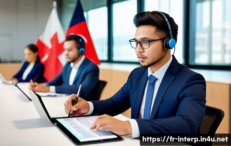 통역사 실무 지침 - A professional interpreter in a modern conference room setting, wearing smart business attire and di...