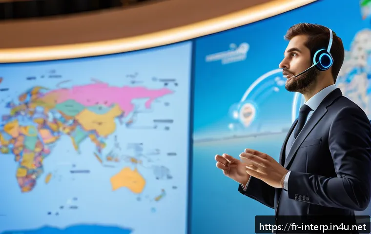 국제통역사 연봉 협상 전략 - A professional multilingual interpreter at an international technology conference, wearing business ...