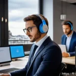 국제통역사 채용 동향 - A modern recruitment agency office in Paris, featuring a diverse group of professional interpreters ...