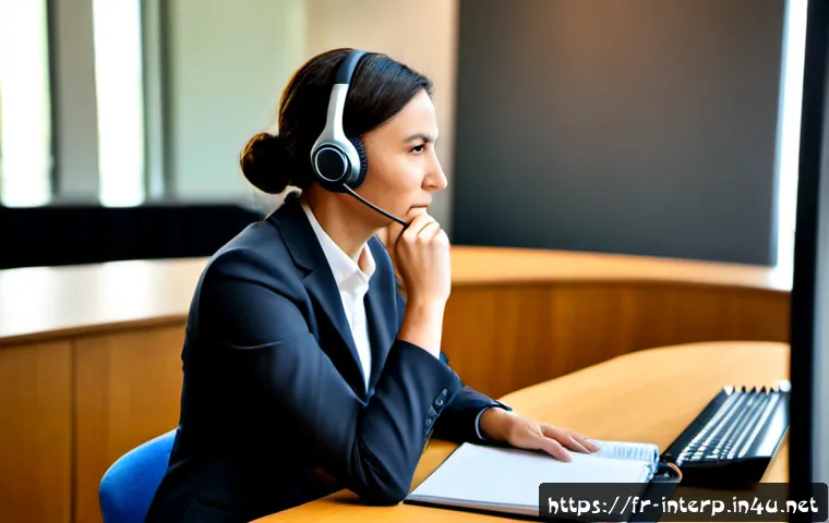 국제통역사 업무별 능력 향상 - Photorealistic international interpreter practicing simultaneous interpretation in a modern Paris co...
